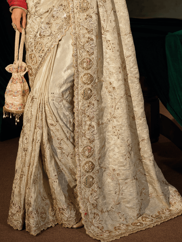 Ivory Embroidered Designer Silk Saree With Contrast Blouse