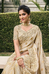 Ivory Gold Banarasi Tissue Silk Saree With Embroidery