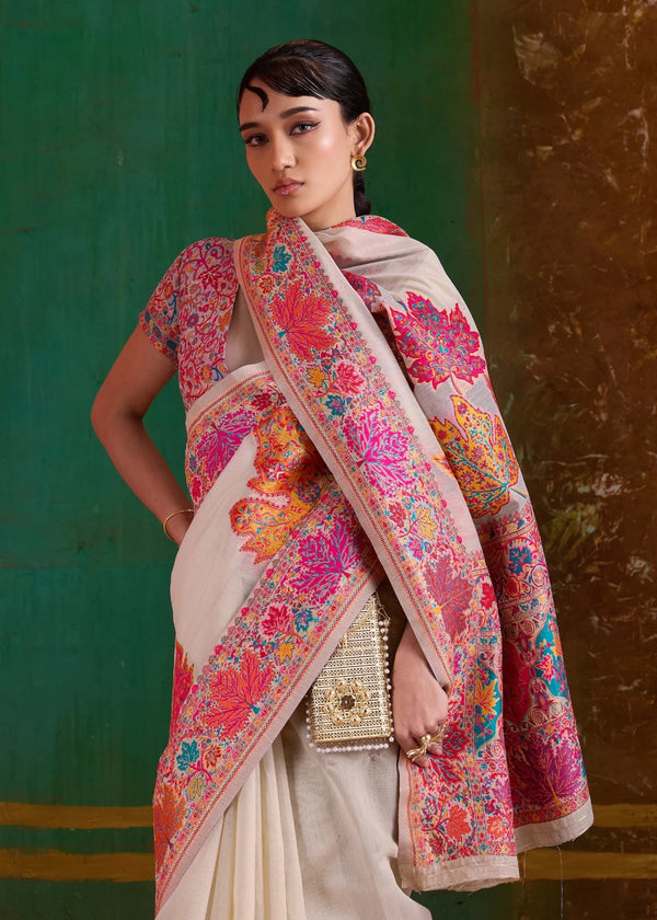 Ivory Kashmiri Kani Jamawar Cotton Saree