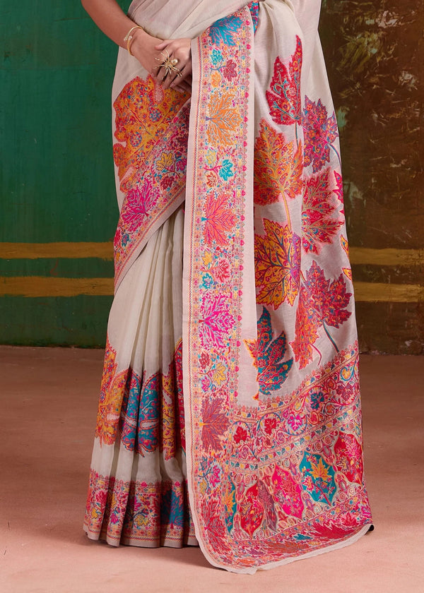 Ivory Kashmiri Kani Jamawar Cotton Saree