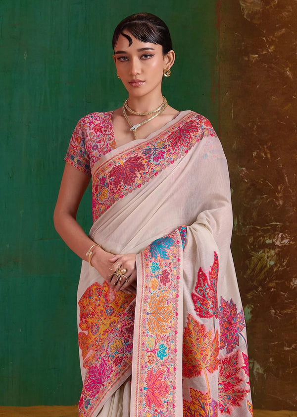 Ivory Kashmiri Kani Jamawar Cotton Saree