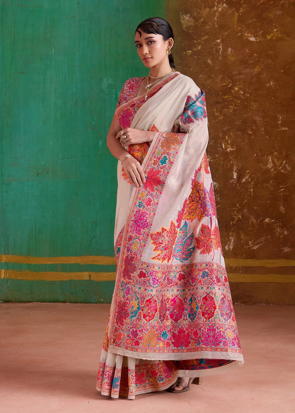 Ivory Kashmiri Kani Jamawar Cotton Saree