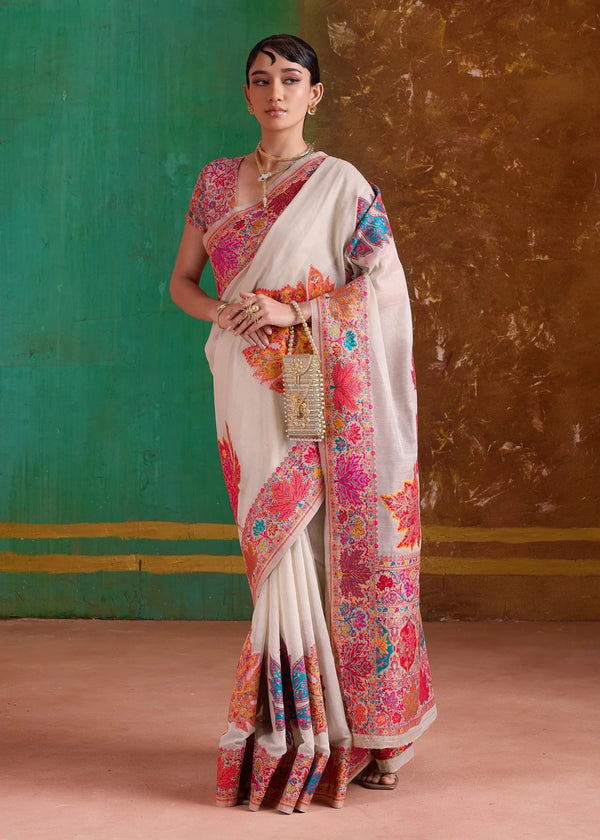 Ivory Kashmiri Kani Jamawar Cotton Saree