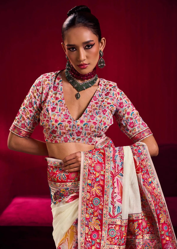 Ivory Kashmiri Pashmina Silk Saree