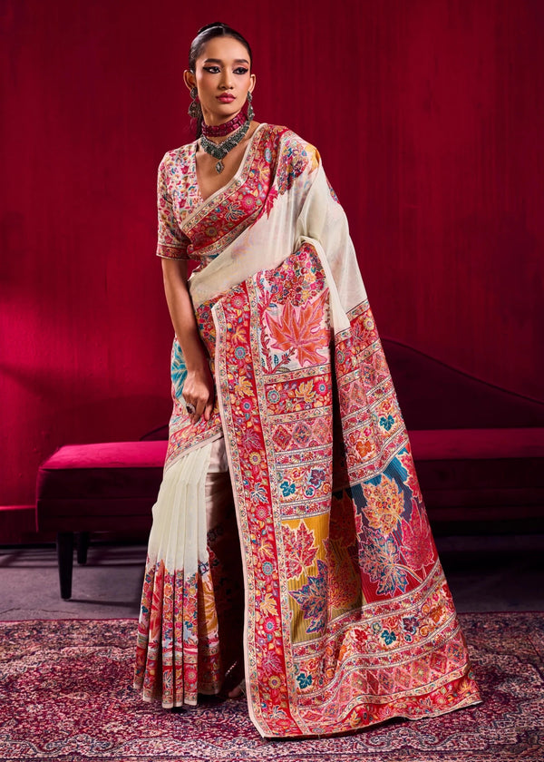 Ivory Kashmiri Pashmina Silk Saree