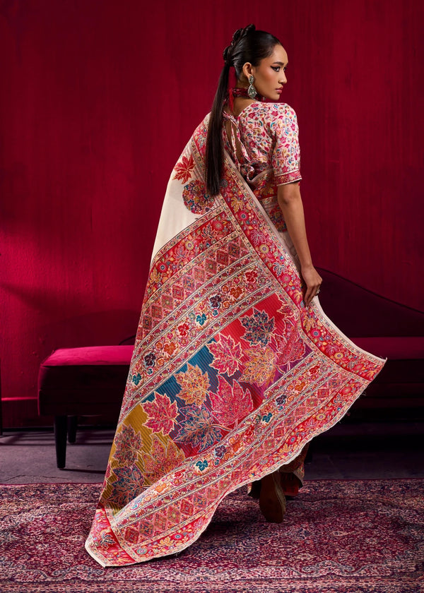 Ivory Kashmiri Pashmina Silk Saree