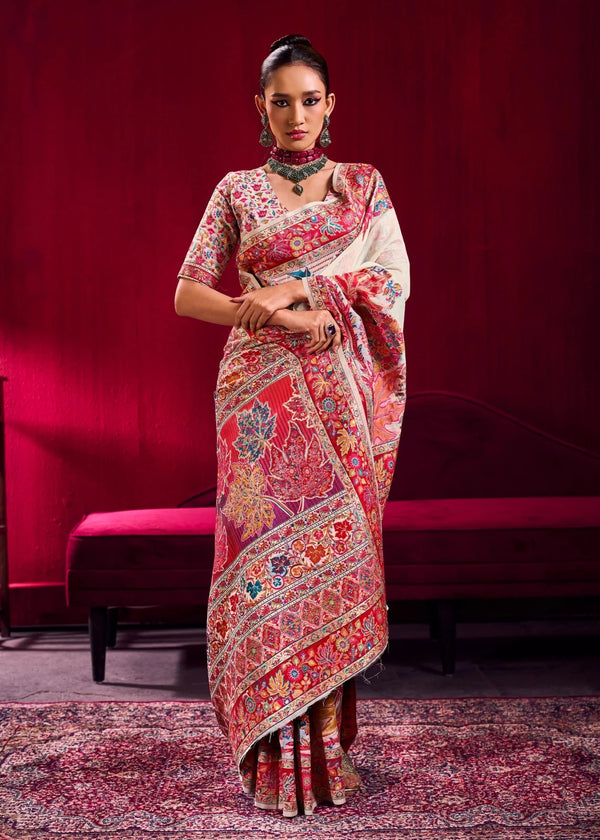 Ivory Kashmiri Pashmina Silk Saree