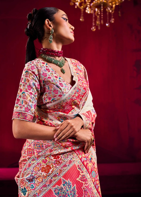 Ivory Kashmiri Pashmina Silk Saree