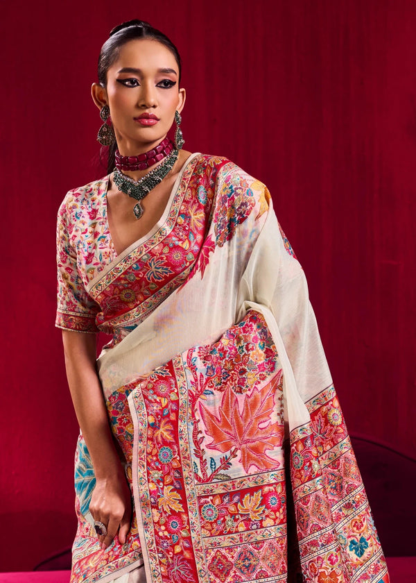Ivory Kashmiri Pashmina Silk Saree