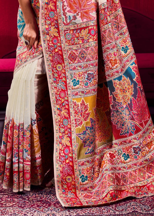 Ivory Kashmiri Pashmina Silk Saree