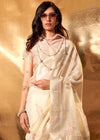 Ivory Off White Linen Cotton Saree