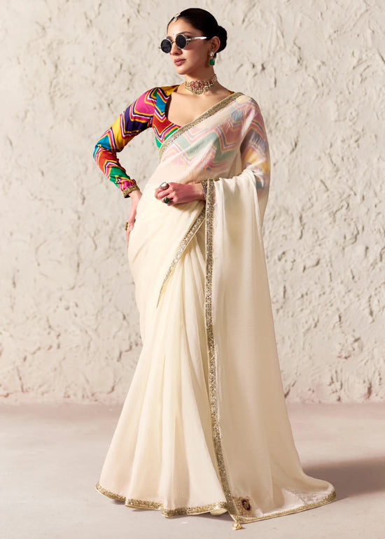 Ivory Organza Saree with Multicolor Contrast Blouse