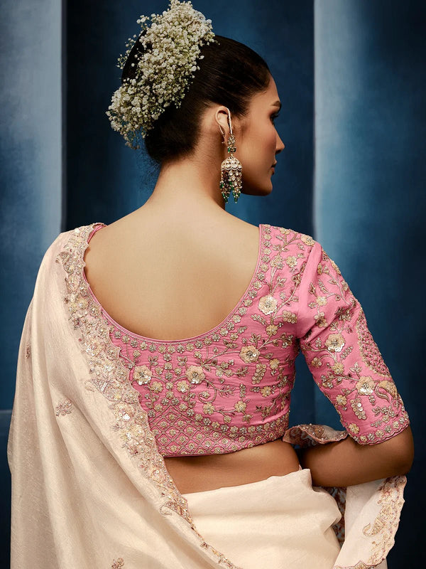 Ivory Organza Silk Saree with Contrast Blush Pink Blouse