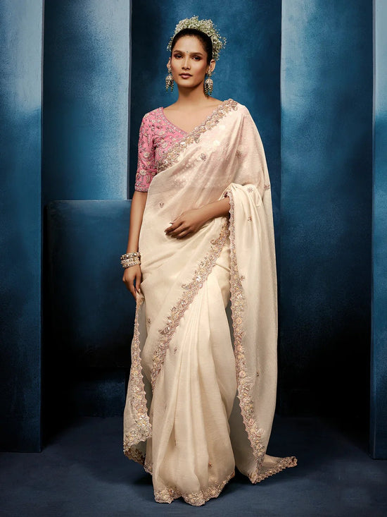 Ivory Organza Silk Saree with Contrast Blush Pink Blouse