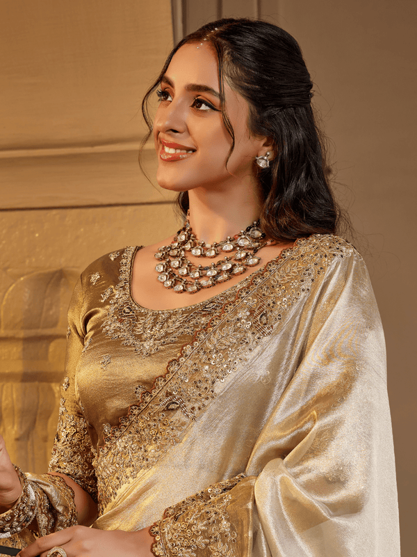 Ivory White Embroidered Designer Tissue Silk Saree