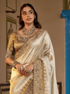 Ivory White Embroidered Designer Tissue Silk Saree