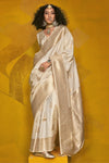 Ivory White Kanjivaram Silk Saree with Gold Zari