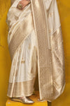 Ivory White Kanjivaram Silk Saree with Gold Zari