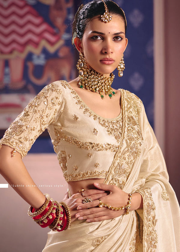 Ivory Zari Tissue Designer Embroidered Saree
