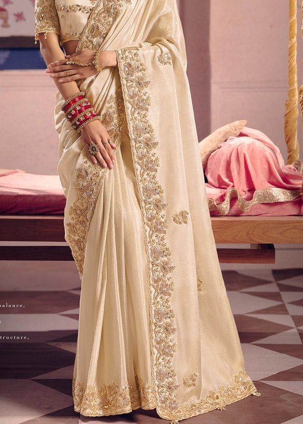 Ivory Zari Tissue Designer Embroidered Saree