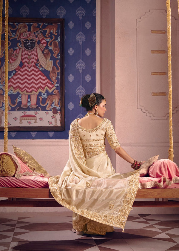 Ivory Zari Tissue Designer Embroidered Saree