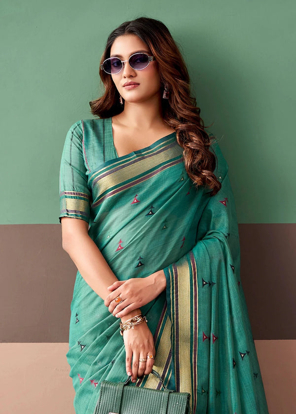 Jade Green Woven Designer Cotton Saree