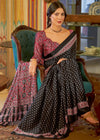 Jet Black Ajrakh Printed Satin Crepe Saree