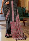 Jet Black Ajrakh Printed Satin Crepe Saree