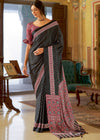 Jet Black Ajrakh Printed Satin Crepe Saree