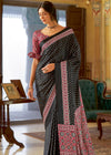 Jet Black Ajrakh Printed Satin Crepe Saree