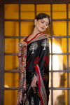 Jet Black and Red Ajrakh Printed Satin Saree