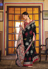 Jet Black and Red Ajrakh Printed Satin Saree