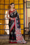 Jet Black and Red Ajrakh Printed Satin Saree