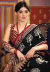 Jet Black and Red Ajrakh Printed Satin Saree