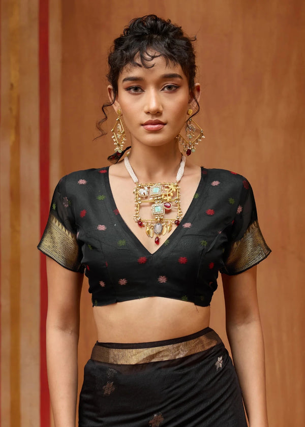 Jet Black Cotton Silk Saree