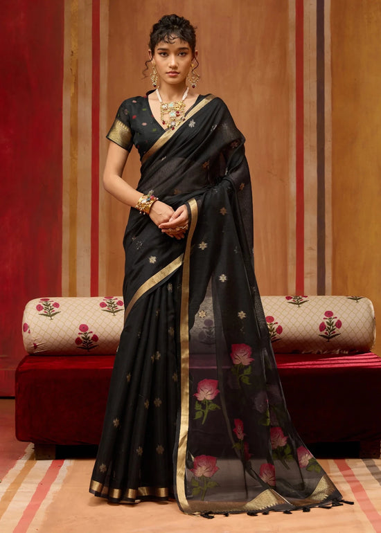 Jet Black Cotton Silk Saree