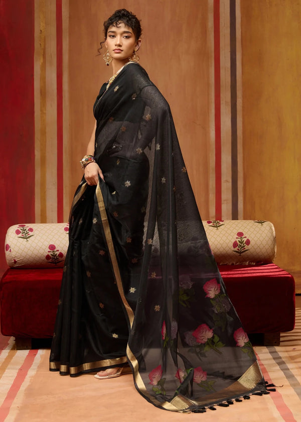 Jet Black Cotton Silk Saree