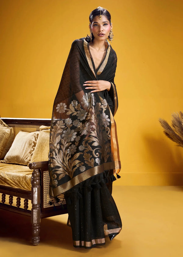 Jet Black Linen Silk Saree