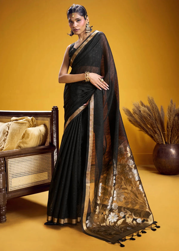 Jet Black Linen Silk Saree