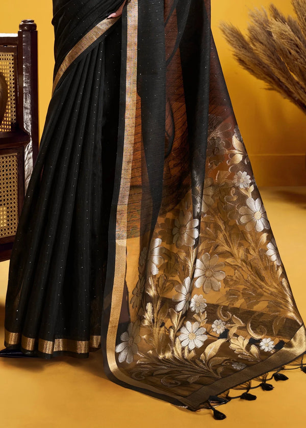 Jet Black Linen Silk Saree