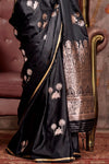 Jet Black Pichwai Satin Silk Saree