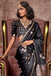 Jet Black Pichwai Satin Silk Saree