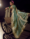 Teal Blue Banarasi Satin Silk Saree With Contrast Blouse