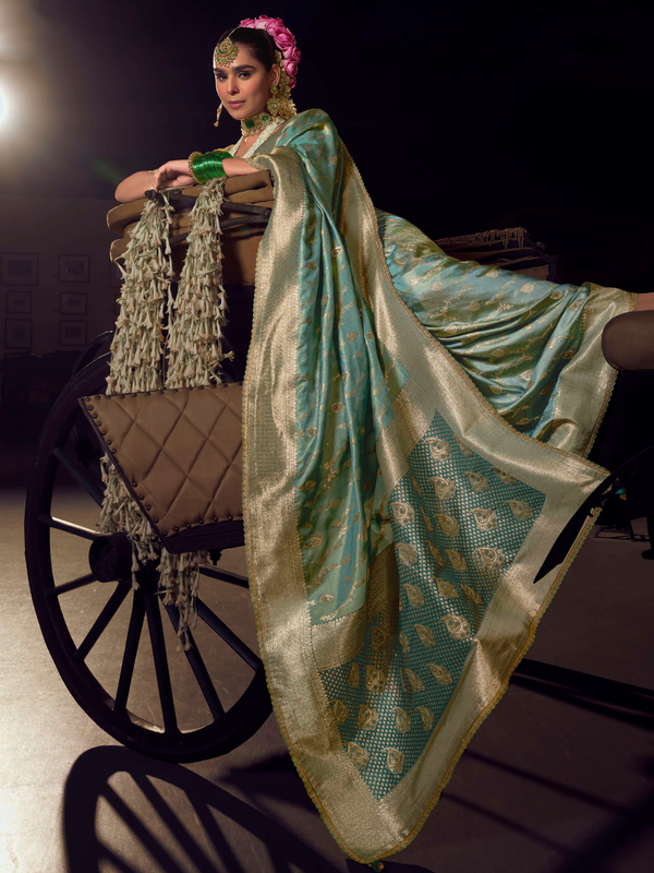 Teal Blue Banarasi Satin Silk Saree With Contrast Blouse