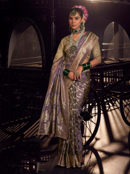 Lavender Banarasi Satin Silk Saree With Contrast Blouse