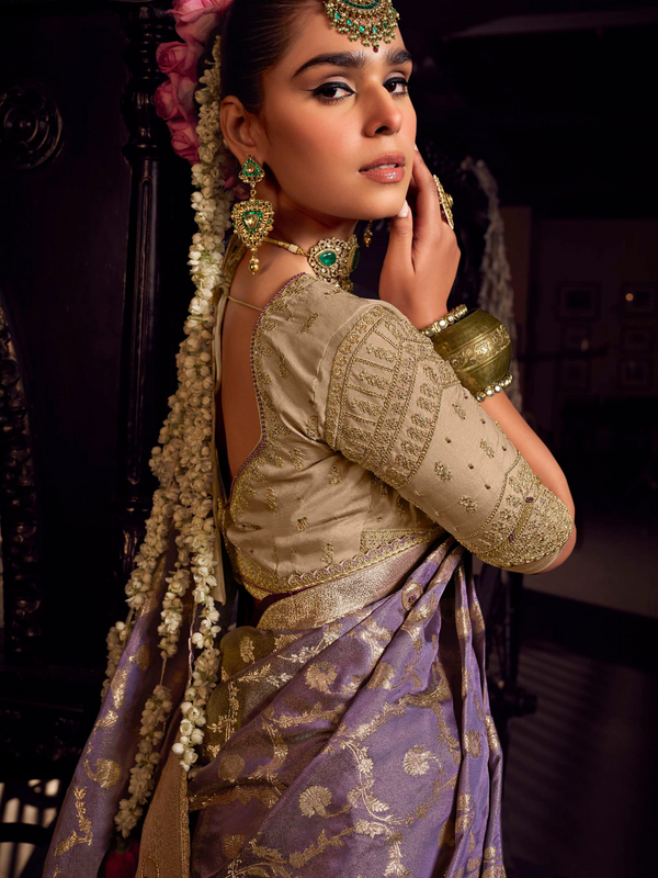 Lavender Banarasi Satin Silk Saree With Contrast Blouse