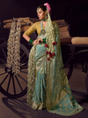 Teal Blue Banarasi Satin Silk Saree With Contrast Blouse