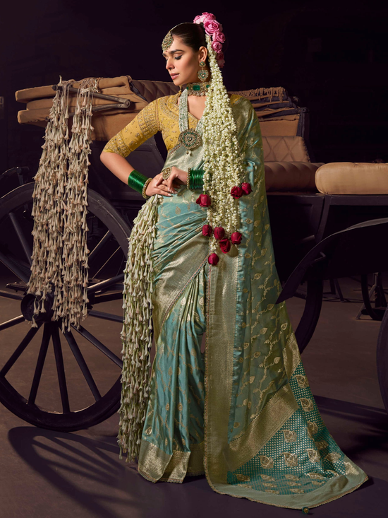 Teal Blue Banarasi Satin Silk Saree With Contrast Blouse