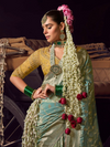 Teal Blue Banarasi Satin Silk Saree With Contrast Blouse