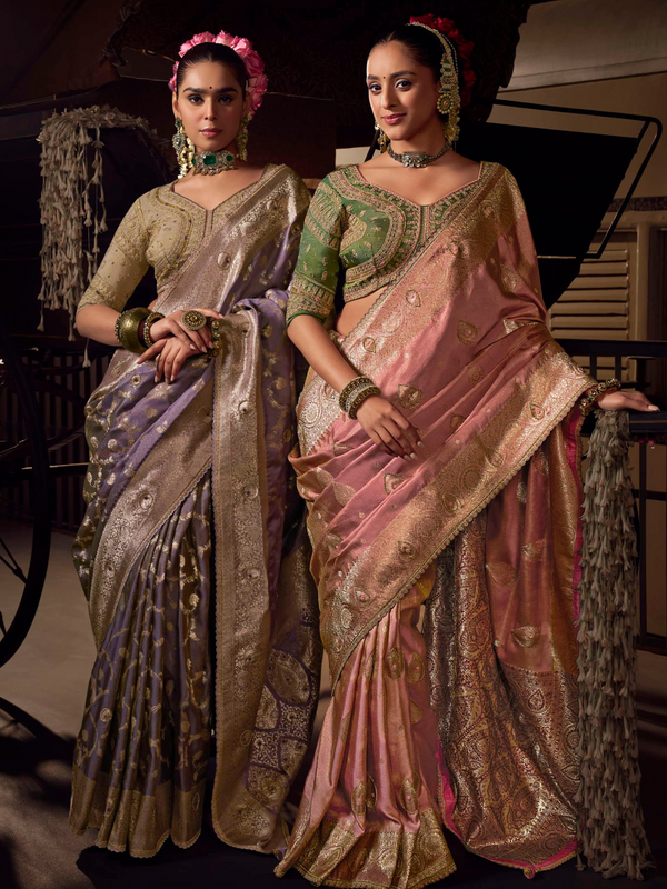 Rose Pink Banarasi Satin Silk Saree With Contrast Blouse
